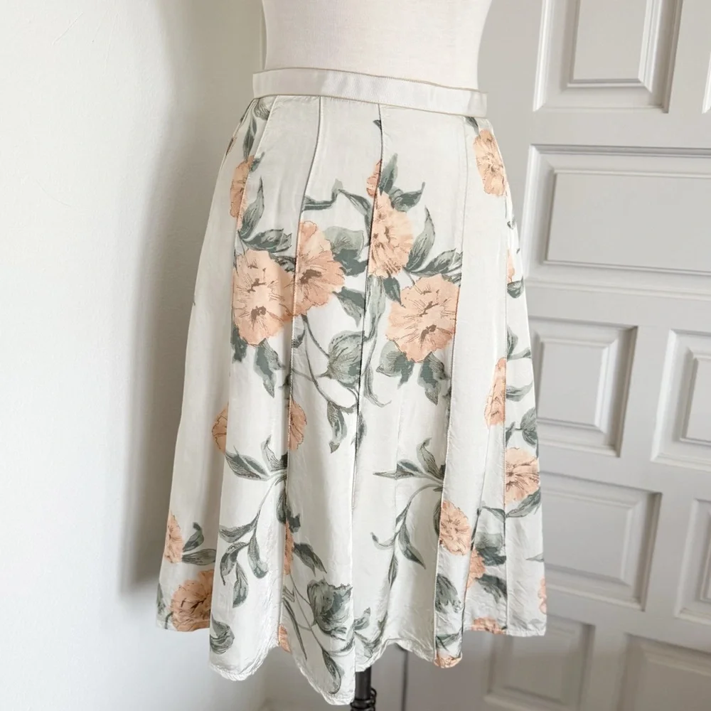 MNG Mango Peach & Green Floral Cream A-line Skirt Size 8